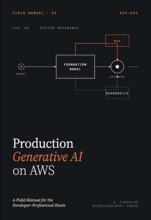 Front cover of Production Generative AI on AWS, a dark navy book with a schematic system reference diagram, the title in white serif and italic amber, and the MineCloudCraft Press wordmark at the foot.